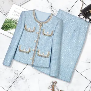 Elegant socialite high-end nail bead sparkling rhinestone round neck coarse tweed long sleeved jacket with slit skirt set