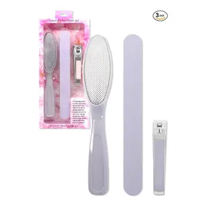 Pink 3-piece foot care kit with stainless nail cutter, heel smoother and callus remover, compact home pedicure tools for men or women, easy to carry and perfect as a gift