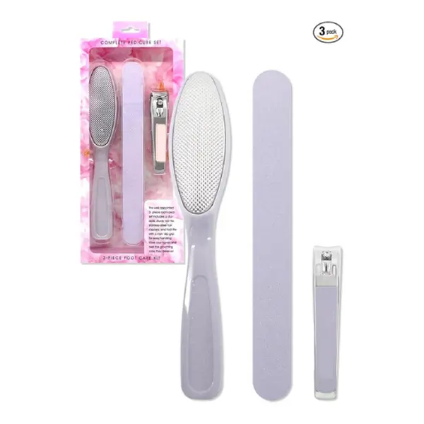 Pink 3-piece foot care kit with stainless nail cutter, heel smoother and callus remover, compact home pedicure tools for men or women, easy to carry and perfect as a gift