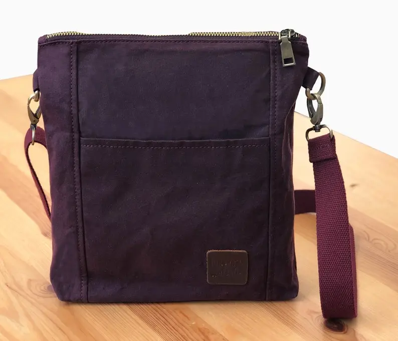 Medium-sized crossbody bag with waxed canvas shoulder bag, work purse, water-resistant zippered purse with cotton webbing strap