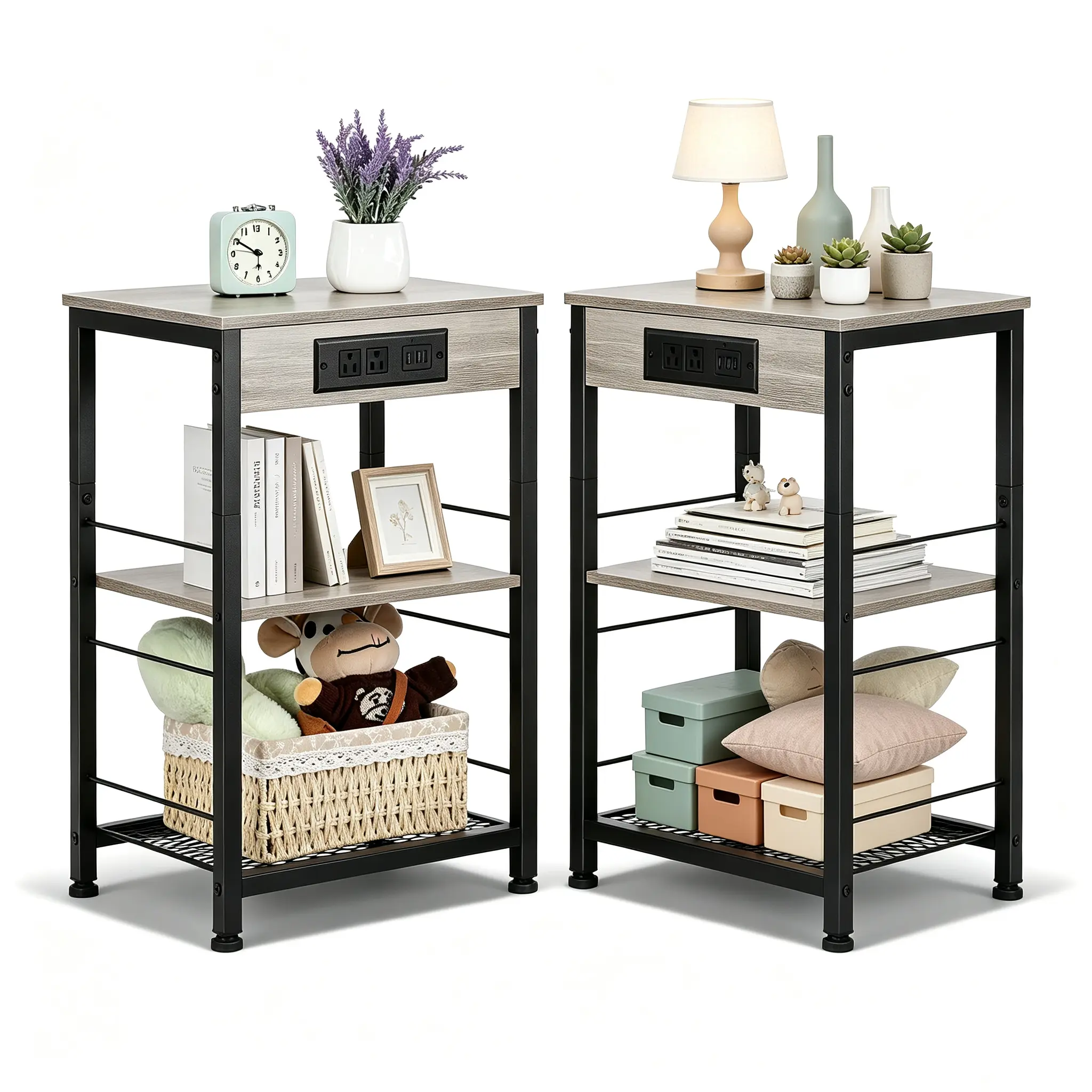 3-Tier Metal Construction Nightstand with Charging Station - Industrial Metal Accents Iron End Table, Built-In Storage Side Table for Bedroom & Living Room Sofa Side, Industrial Metal Accents End Tables, Iron End Tables