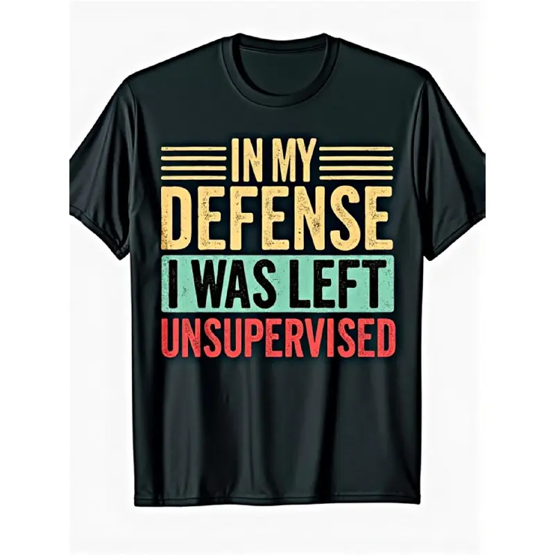 Men's "In My Defense I Was Left Unsupervised" Vintage 100% Cotton Comfy T-Shirt - Distressed Golden & Teal Retro Graphic, Oversized S-3XL, Casual Round Neck Short Sleeve, Basic Fabric, Funny Saying, All-Season Streetwear