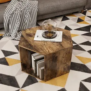 【GOOGREAT】23.62'' Hexagonal Coffee Table Side Table Nightstand Antique Wood