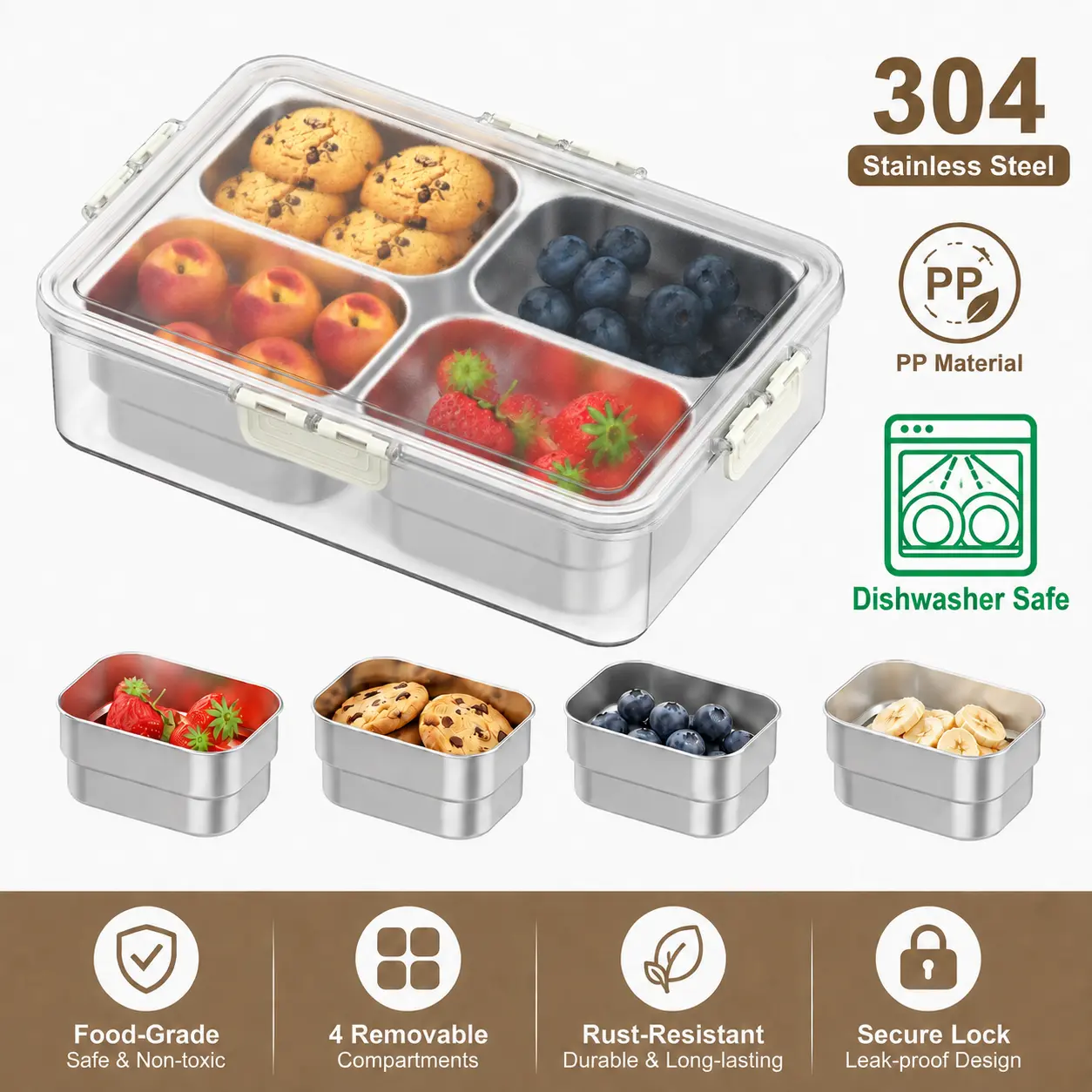 304 Stainless Steel Bento Box - 4 Removable Compartments, BPA-Free Leak-Proof Locking Lid, Dishwasher-Safe Divided Snack Box for Unisex Picnics, Travel (Home Supplies, Party Gifts)