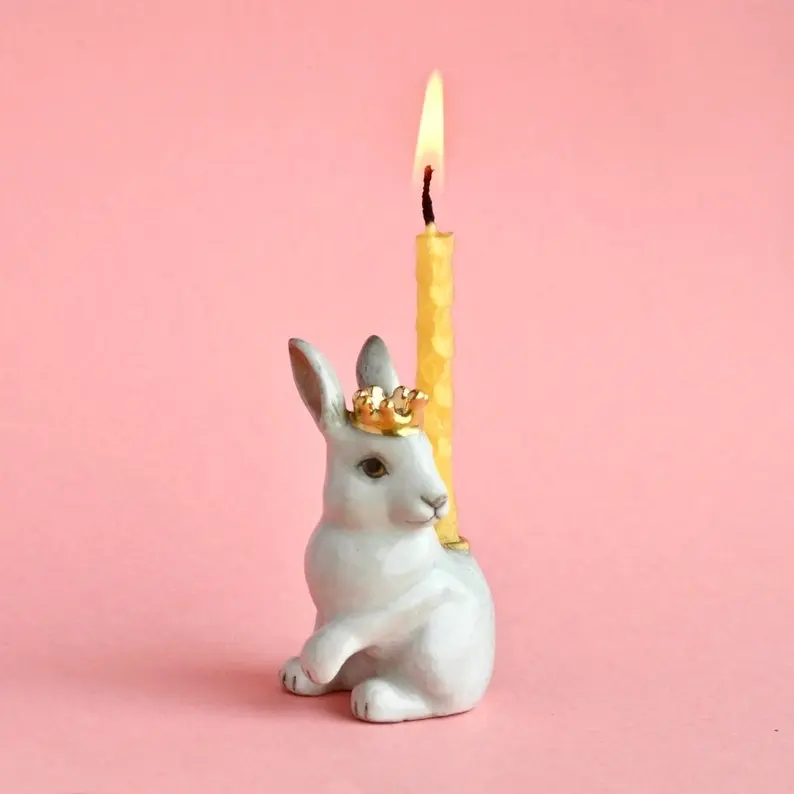 Royal White Rabbit Cake Topper Porcelain Figurine Camp Hollow Collectable Heirloom Art Birthday Candle Holder Collect Them All