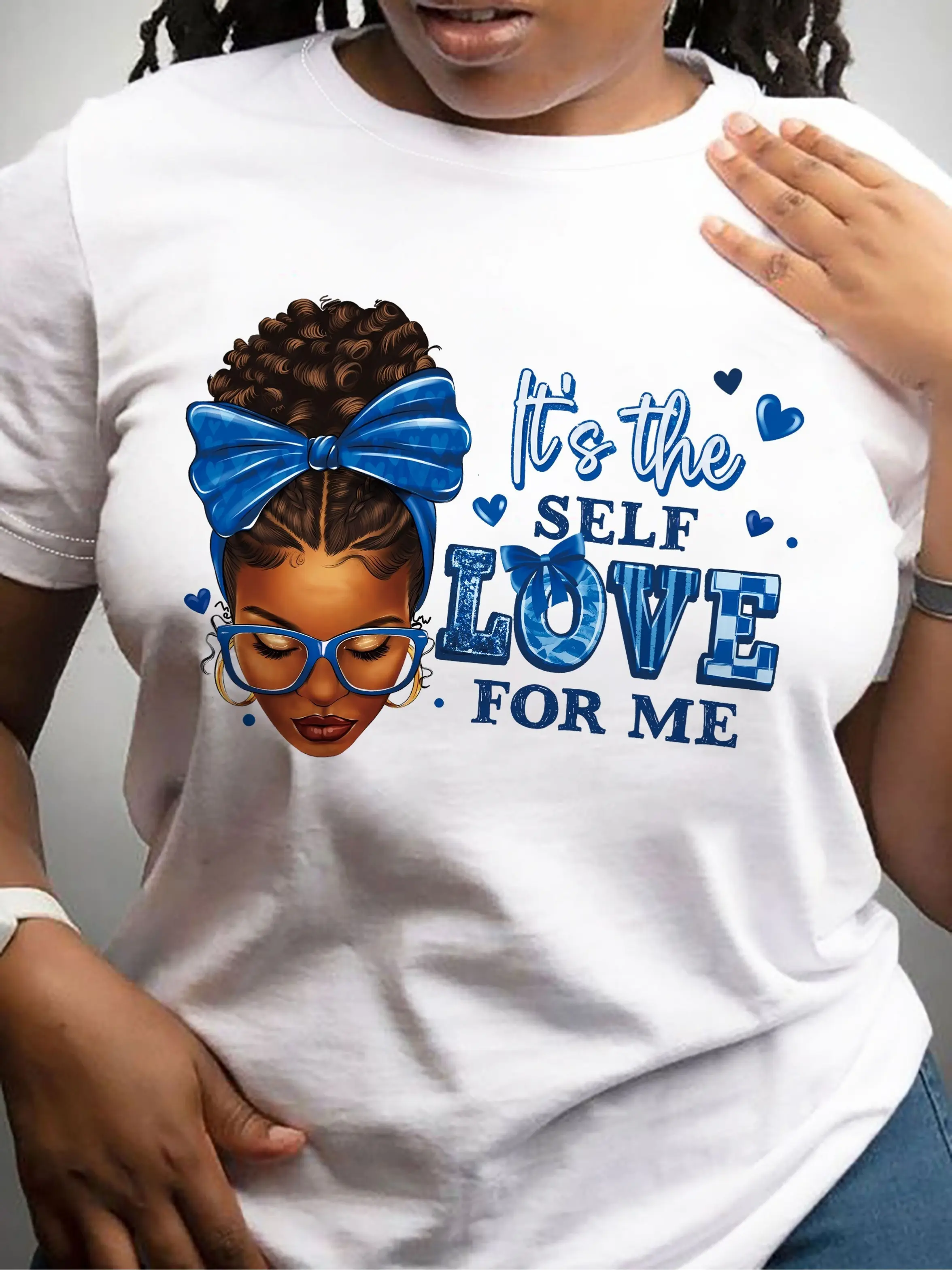 Empowering Women's Black T-Shirt with "It's the Self Love for Me" & Cartoon Print - Breathable Crew Neck Short Sleeve Tee, Machine Washable, Regular Fit for Casual Outfits, Spring Summer Fall Wear