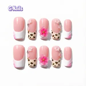 G Nails A97 Cream Pink French with Glittering Rhinestone 10 pcs Handmade Press On Nails 3D Floral ReusableNails PinkNails High-Shine