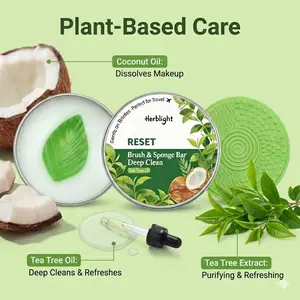 All-in-One Makeup Brush & Sponge Cleaner, Solid Balm with Built-in Silicone Pad, No Extra Tools Needed, Compact Travel Design (Rose & Tea Tree)