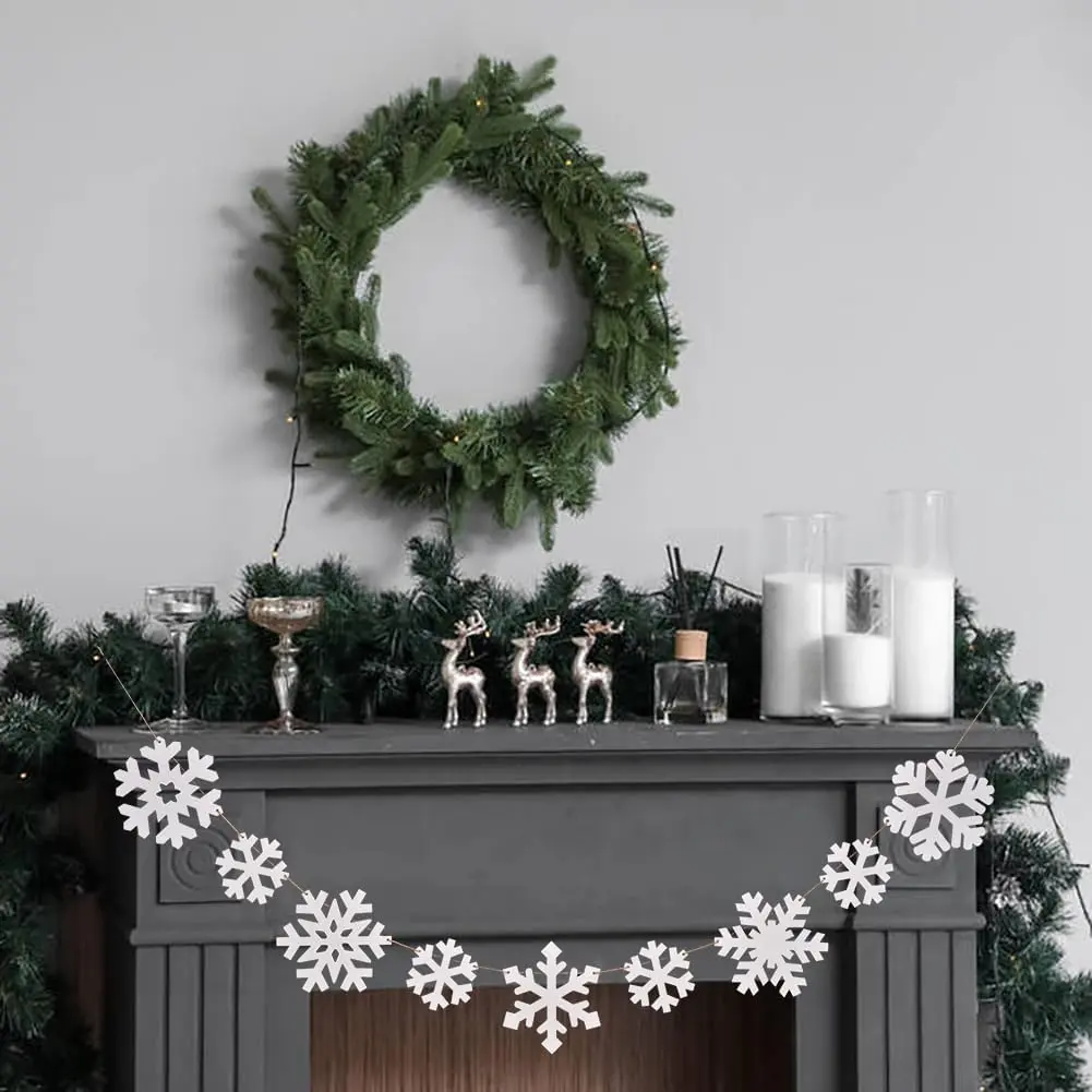 Wooden Christmas Snowflakes Ornaments, 9 count White Snowflake Chain Hanging Ornament for Mantlepiece Window Front Door, Rustic Snowflake Embellishments Christmas Tree Decorations (White)