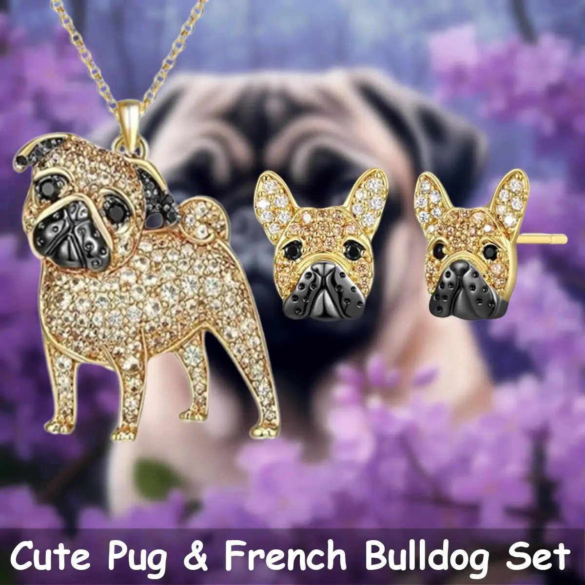 Women's 3-Piece Animal Motif Alloy Jewelry Set - Golden Pug Dog Pendant Necklace, French Bulldog Earrings, Daily Wear Unisex Gift for Birthday Christmas, Daily Wear Earrings, Unisex Set, Elegant, Casual, Girls