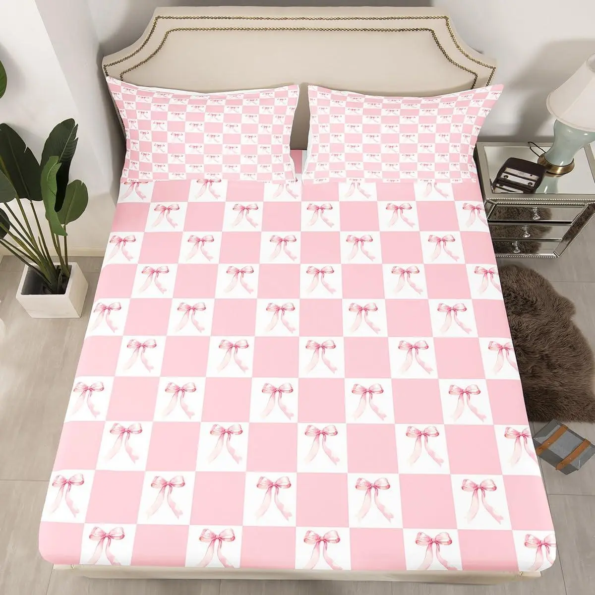 Feelyou y Pink-White Bow Print Bedding Set,Princess-Style Bowknot Geometric Plaid Patchwork Bed Cover with 1 Fitted Sheet for Teens ,Any Room