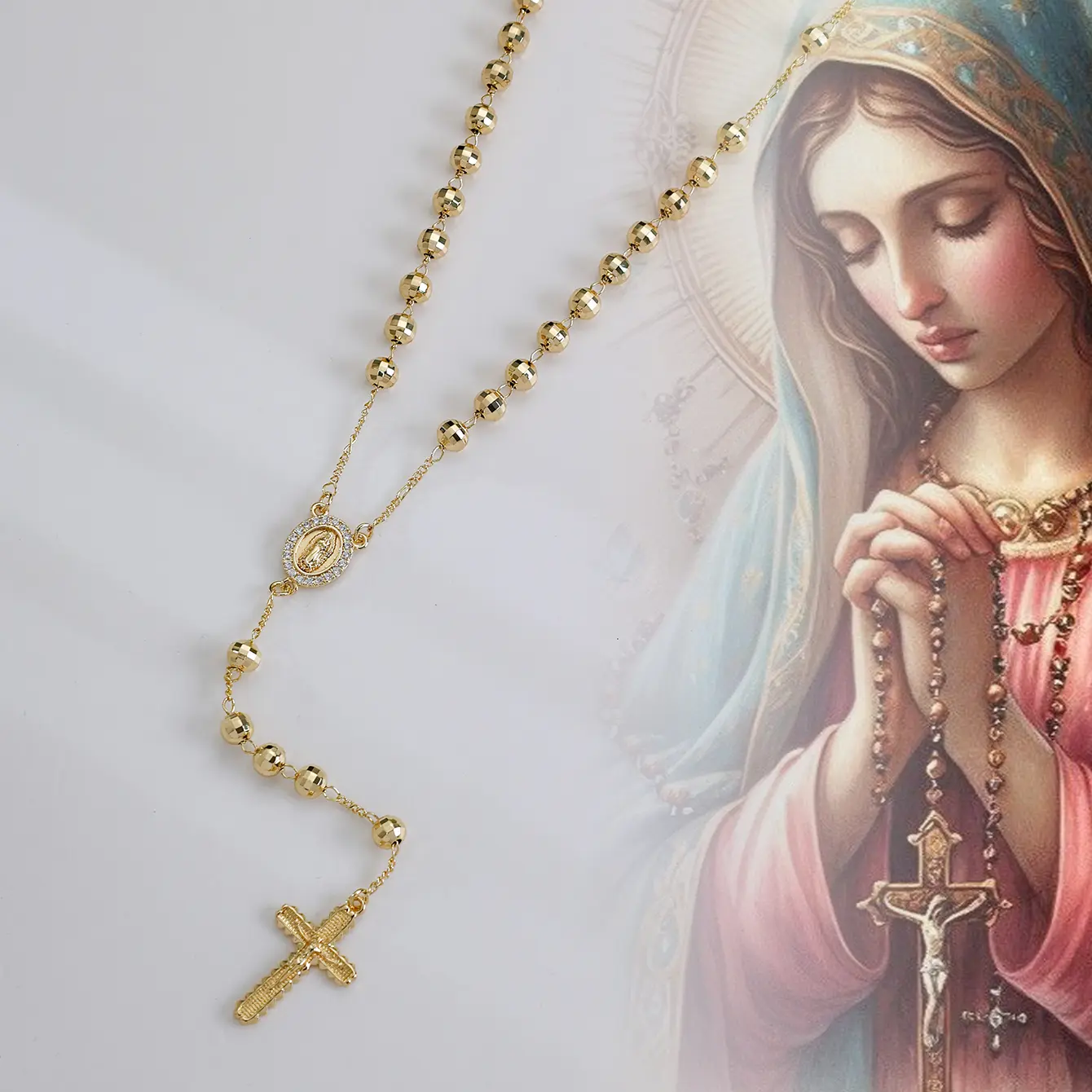 Rosary Necklace Virgin Mary Rosario Oro Laminado Prayer Religious Christian Catholic Gift Cross