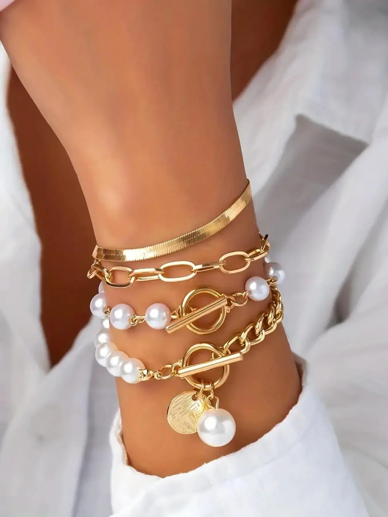 Faux Pearl Decorated Link Bracelet, Fashionable OT Buckle Design Jewelry for Women & Girls, Fashion Jewelry for Party, Daily Decor, Trendy All-match & Exquisite Jewelry for Birthday Gift, Bangles Bracelets Set, Bracelet Sets, Trendy Jewellery Accessories