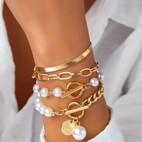 Faux Pearl Decorated Link Bracelet, Fashionable OT Buckle Design Jewelry for Women & Girls, Fashion Jewelry for Party, Daily Decor, Trendy All-match & Exquisite Jewelry for Birthday Gift, Bangles Bracelets Set, Bracelet Sets, Trendy Jewellery Accessories