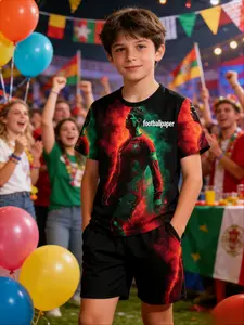 Kids Summer 2 Piece Set Black Background Cristiano Ronaldo 7 Smoke Print Short Sleeve T Shirt + Black Shorts Boys Trendy Football Style Breathable Comfortable School Daily Outfit