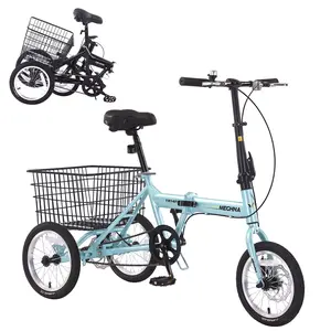 Folding Tricycle for Adults, 14 Inch 3 Wheel Bikes for Adults with Basket, 95% Pre-Assembled Collapsible Steel Frame 200 LBS Capacity