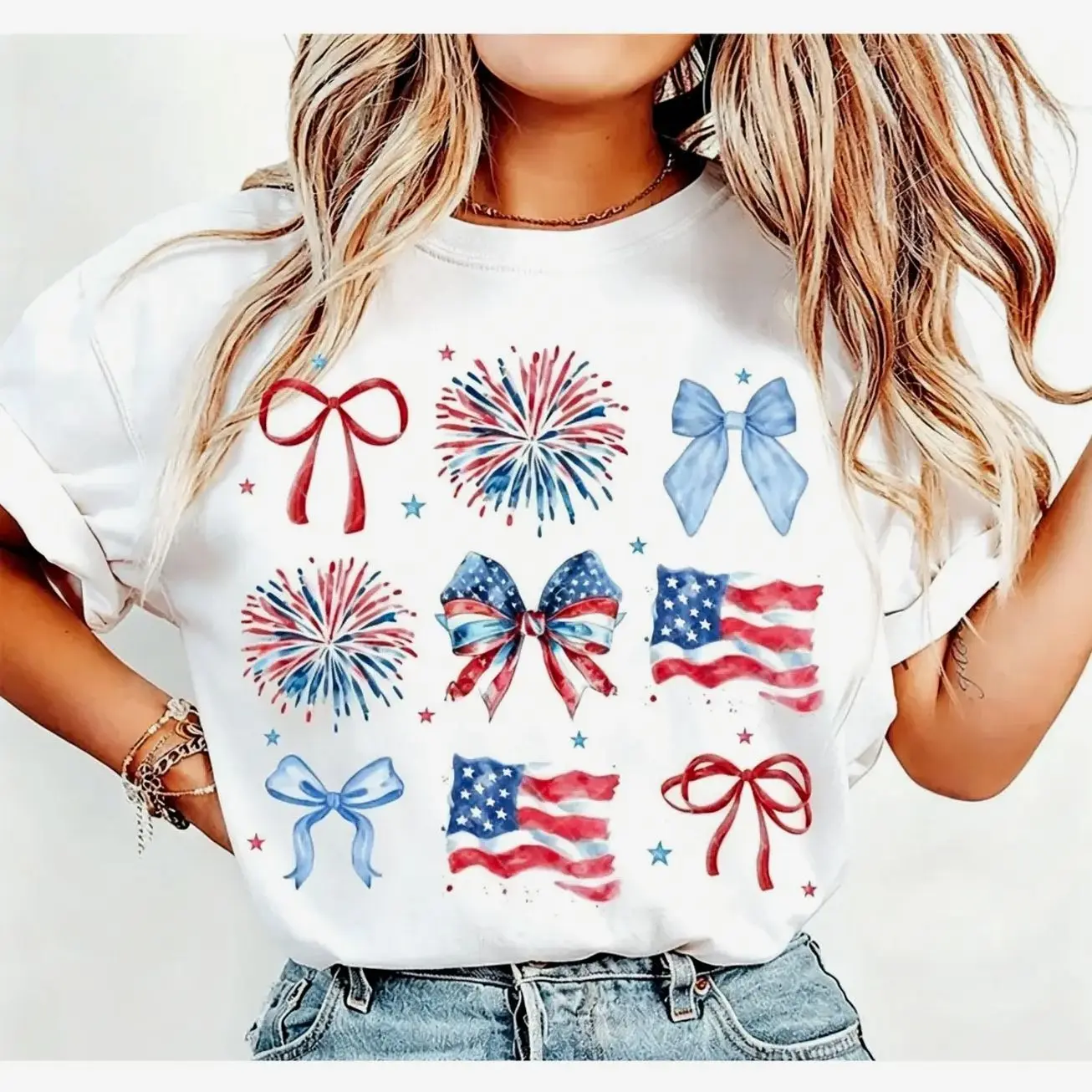USA Coquette Bow Shirt, Retro America Shirt, 4th of July Soft, Casual Graphic Design, Suitable for Men and Women 7B5