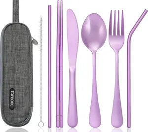 Portable Stainless Steel Flatware Set, Travel Camping Cutlery Set, Portable Utensil Travel Silverware Dinnerware Set with a Waterproof Case (Light Purple)