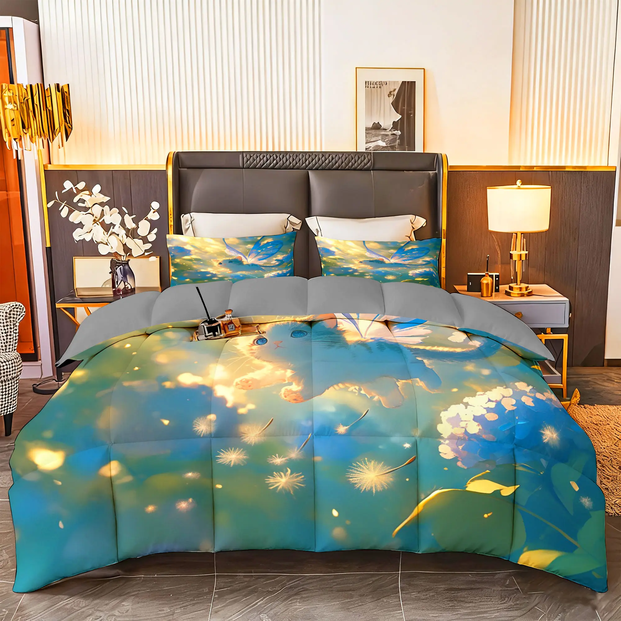 3pcs (1 comforter + 2 pillowcases) Microfiber Bedding Set All-Season Soft Fluffy Hypoallergenic, Wrinkle & Fade Resistant, Easy - Care, Queen/King/Full/Twin Size, Fantasy Cat - with - Wings & Floral Pattern, Cozy Decor for Bedroom Guest Room Home Dor