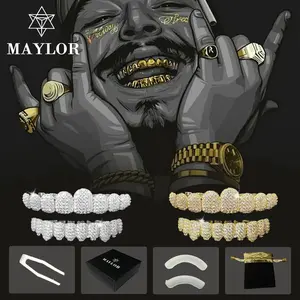 MAYLOR Hip Hop Silver Grillz Teeth Jewelry – 2 Pcs/Set Cubic Zirconia Tooth Caps, Adjustable 10 Teeth Design, Mirror Shine Rapper Style, Unisex Design for Rappers & Cosplay Enthusiasts Sparkling Punk Dental
