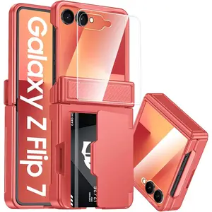 for Samsung Galaxy Z Flip 7 Case with Card Holder [RFID Blocking] & Hinge Protection & HD Screen Protector, Rugged Anti-Scratch Full-Body Shockproof Phone Case for Z Flip 7-Coral Red