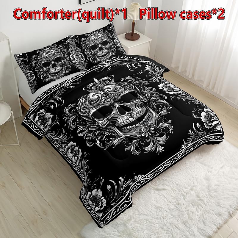 Skeleton Pattern quilt Set, Gothic Black Bedding, Includes 1 quilt and 2 Pillowcases (Pillows Not Included), Comfortable Bedroom Decor