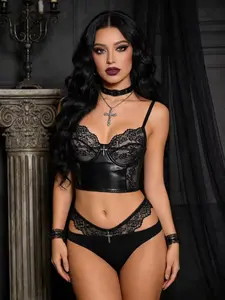 Women's Gothic Lace Patchwork Underwear Set, Bra, Tank Top & Triangle Pant, Soft Skin-Friendly Fabric, Medium Support, All Seasons