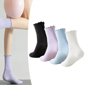 4 Pairs of Women's Yoga Socks - with Anti Slip, Soft Ruffle Edge Design, Breathable and Sweat Absorbing, Perfect for Pilates, Fitness and Casual Wear - Black, Purple, Blue, White, Fashionable Yoga Socks | Comfortable Fit