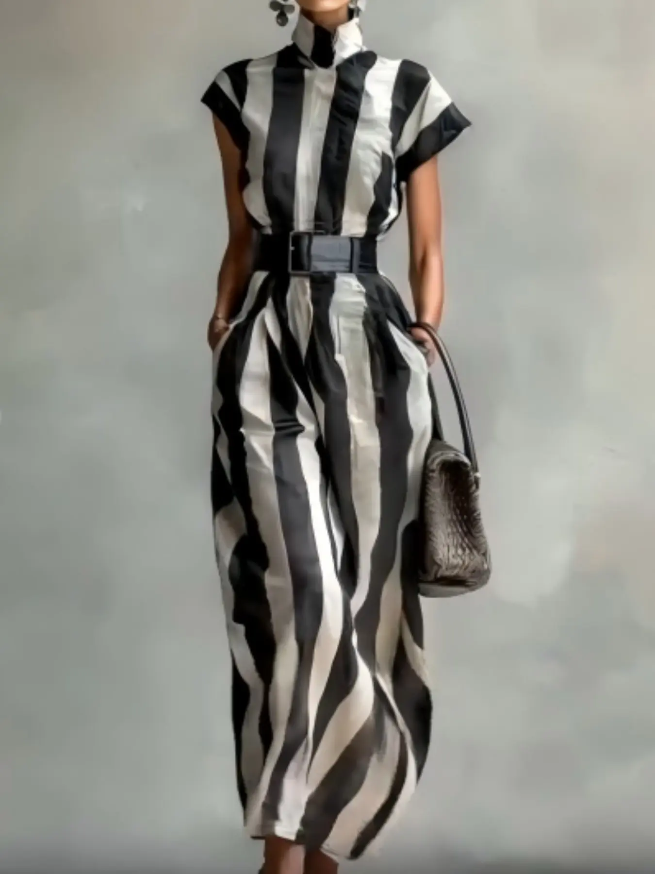 Women's High Neck Chiffon Lightweight Short Sleeve Belted Dress, Fashion  Striped High Neck Fitted Waist Cinched Dress, Casual Business Party Wear  Womenswear - TikTok Shop