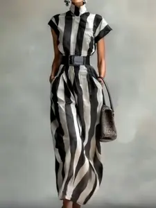 Women's High Neck Chiffon Short Sleeve Belted Dress, Fashion Striped High Neck Fitted Waist Cinched Dress, Casual Business Party Wear