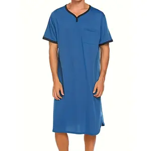 Men'S Casual V-Neck Short Sleeve Pajama Set, Breathable Polyester Knit Fabric, Solid Color, Medium Stretch, Spring/Fall Wear, Button Detail, Loose Fit Robe Set