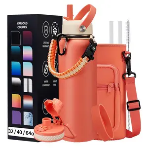 32oz Insulated Water Bottle with Straw & Spout Lids - 40/64/87/128oz Stainless Steel Water Bottles, Paracord Handle, Carrier Bag with Strap, Protective Cup Mat, Metal Gallon Water Flask Keep Cold-48H & Hot-12H