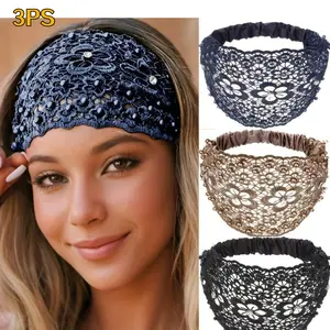 Elegant Women's Wide Band Pearl Headband Set, Lace Trim Floral Design, Daily Style Safety Hair Accessory, 3-Piece Set, Beaded Accents, Soft Headband, Elastic Fashion Headbands