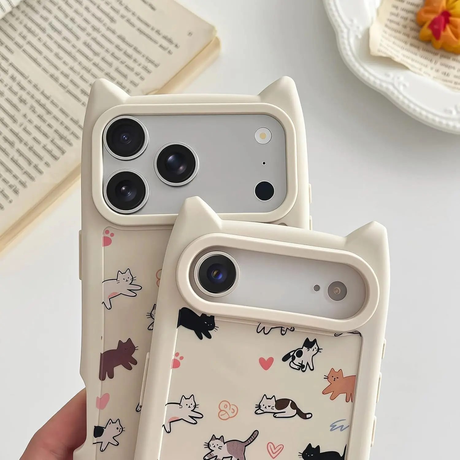Cute 3D Cat Ears Phone Case for iPhone 14 - Vintage Hand-Drawn Multi-Cats Heart Cartoon Pattern, Cat Paw Buttons, Shockproof Soft Protective Cover (Baby & Maternity Gift Accessory)