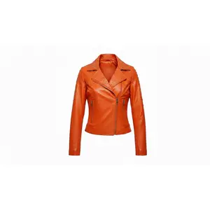 Orange Women’s Genuine Leather Studded Biker Jacket Stylish Moto Zippered Jacket