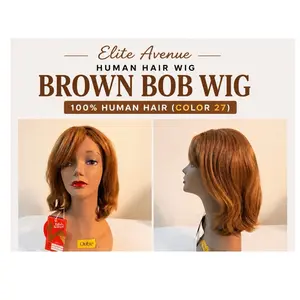 Elite Avenue Human Hair Wig | Brown Auburn Layered Bob | Glueless Wear & Go (Color 27)