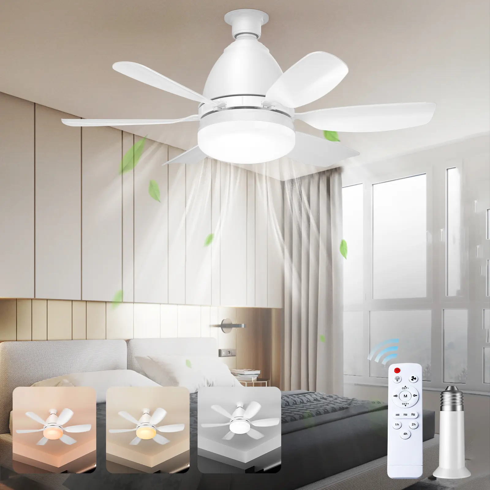 Cool Gadgets,Socket Fan Light Ceiling Fans with Lights and Remote, Dimmable LED 3 -Colors 3000K-6500K, 1556 Lumens Light Bulb Screw in Ceiling Fan for Bedroom, Kitchen, Living Room, Closet Energy Efficient Indoor Spaces