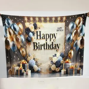 Happy Birthday Party Background Decorative Banner, Balloon & Flower & Gift Box Pattern Birthday Party Backdrop, Party Decoration Supplies for Home & Studio, Ornaments