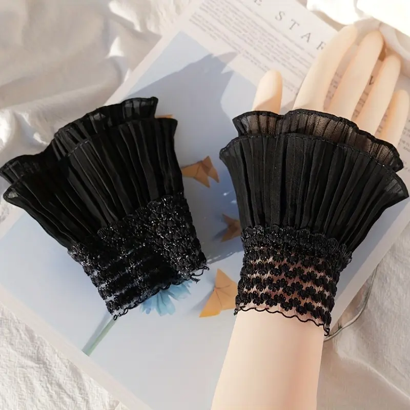 1pair Double Ruffle Fake Cuff Solid Color Cuffs Bracelet Lace Pleated Wrist Cuffs Sleeves for Women