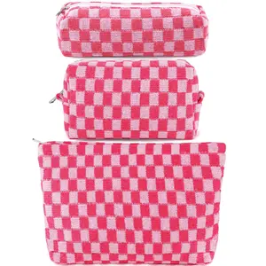 ZLFSRQ 3Pcs Checkered Makeup Bag for Women Large Cosmetic Bag Set Travel Toiletry Bag Makeup Pouch Bag for Purse Pink Zipper Storage Bag Organizer Cute Small Aesthetic Girls Car Essentials Bag