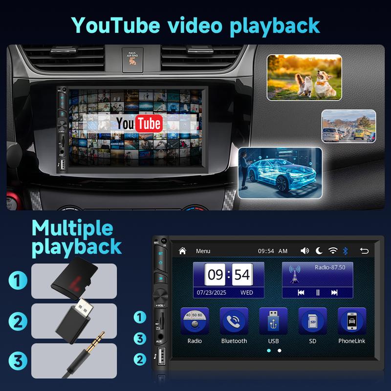 7 Inch Double Din Wireless Carplay Android Auto Bluetooth Car Radio, HD Touch Screen Car Stereo with Mirror Link, Backup Camera, FM Car Audio, EQ, AUX/USB/SD Card Input, Steering Wheel Control