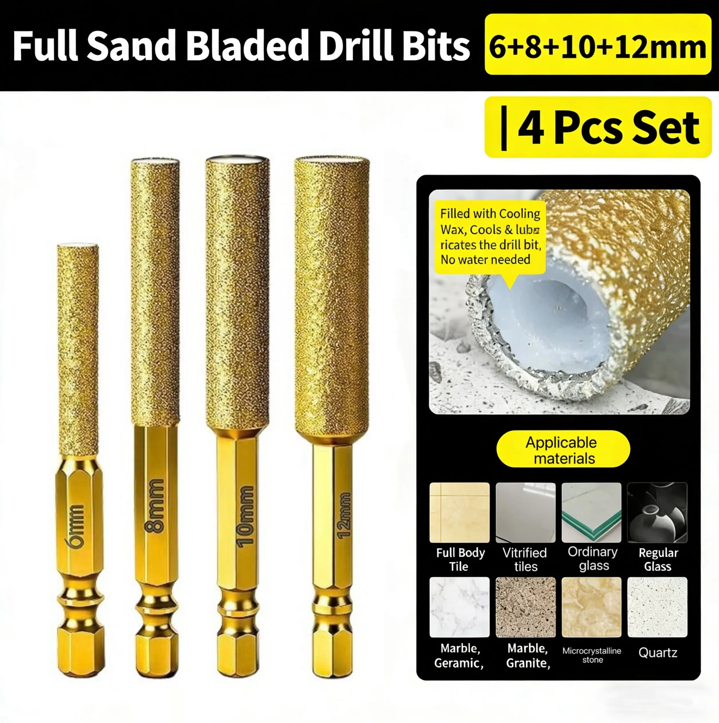 4pc Hexagonal Shank Emery Drill Bit for Dry Drilling onTile Marble Granite Concrete 6-12mm Wax CoreCooling No Water Needed-6