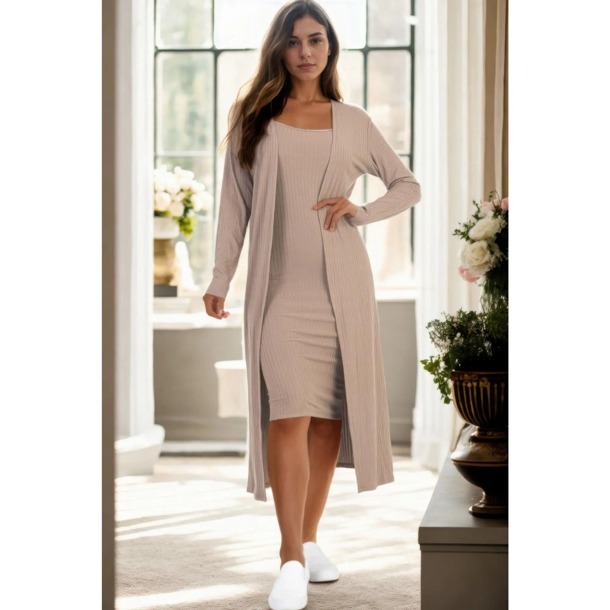 Women's 2-Piece Ribbed Polyester Garment - Seamless Stretchy Style Cami & Cardigan Midi Bodycon Casual Dress, Basic, Chic, Rust, Salmon, Elastane, Daily, Burgundy, Fitted, Evening, Blue Haze, Small, Black