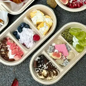 Three Grid Dessert Box - Disposable Pulp Bento Box for Baking and Cold Extraction Yogurt Bowl - Ideal for Cake and Dessert Storage