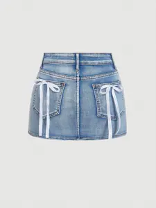 MOD Denim Mini Skirt High Waist Bow Detail Pocket Cute Casual Everyday Outfit