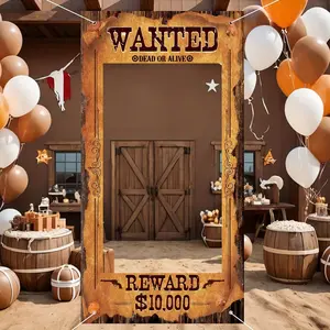 Cowboy Party Decoration Western Wanted Photo Banner Fun Frame Banner West Wanted Photo Booth Prop Wild Western Selfie Banner for Wild West Birthday Games Party Retro Rustic Decoration Supplies