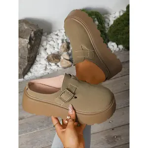 Women's Suede Round - Toe Clogs, Chunky Sole Comfortable Casual Walking & Sports Shoes, Breathable All - Day Wear Outdoor Leisure Footwear, Female Chic Buckle - Accent Stylish Footwear, Girl