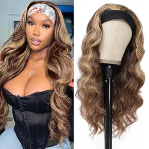 Glueless Headband Wigs for Black Women Brown Blonde Headband Wig Long Loose Curly Synthetic Wig 24inch 4/27 Highlight Honey Blonde Wig with Headband,200% Denisty
