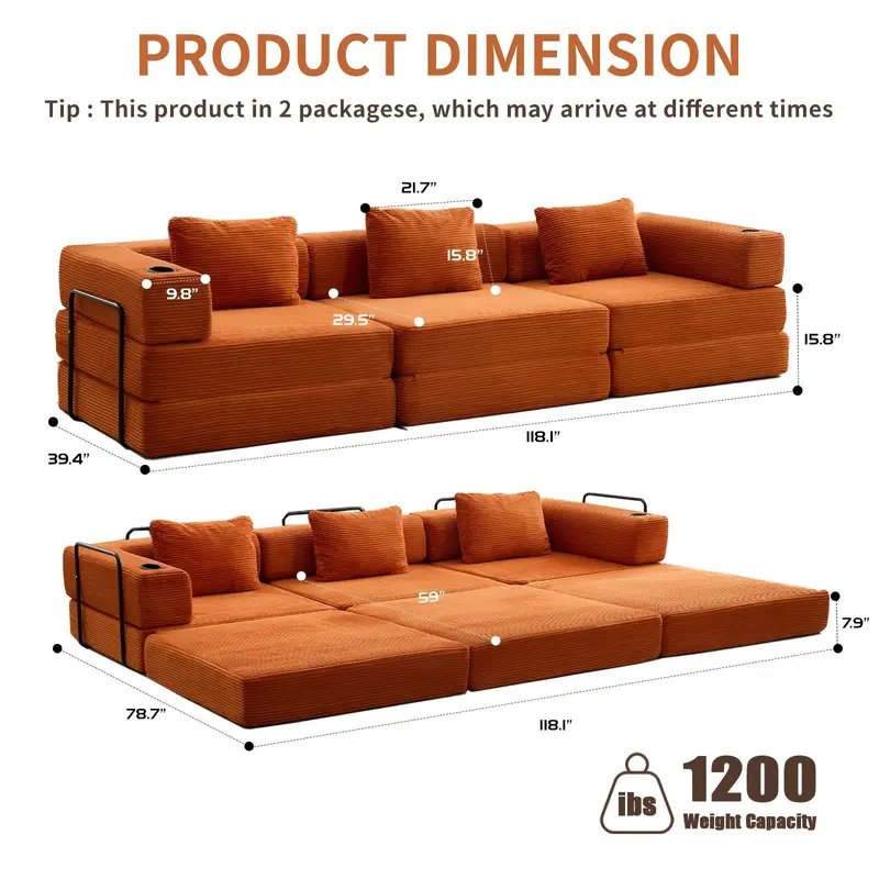 QAK 118" Modular Floor Sofa Bed with Two Cup Holders High-Quality Corduroy Fabric Free Combination Design Premium Sponge Padding Multifunctional for Small Spaces Living Room Mattress