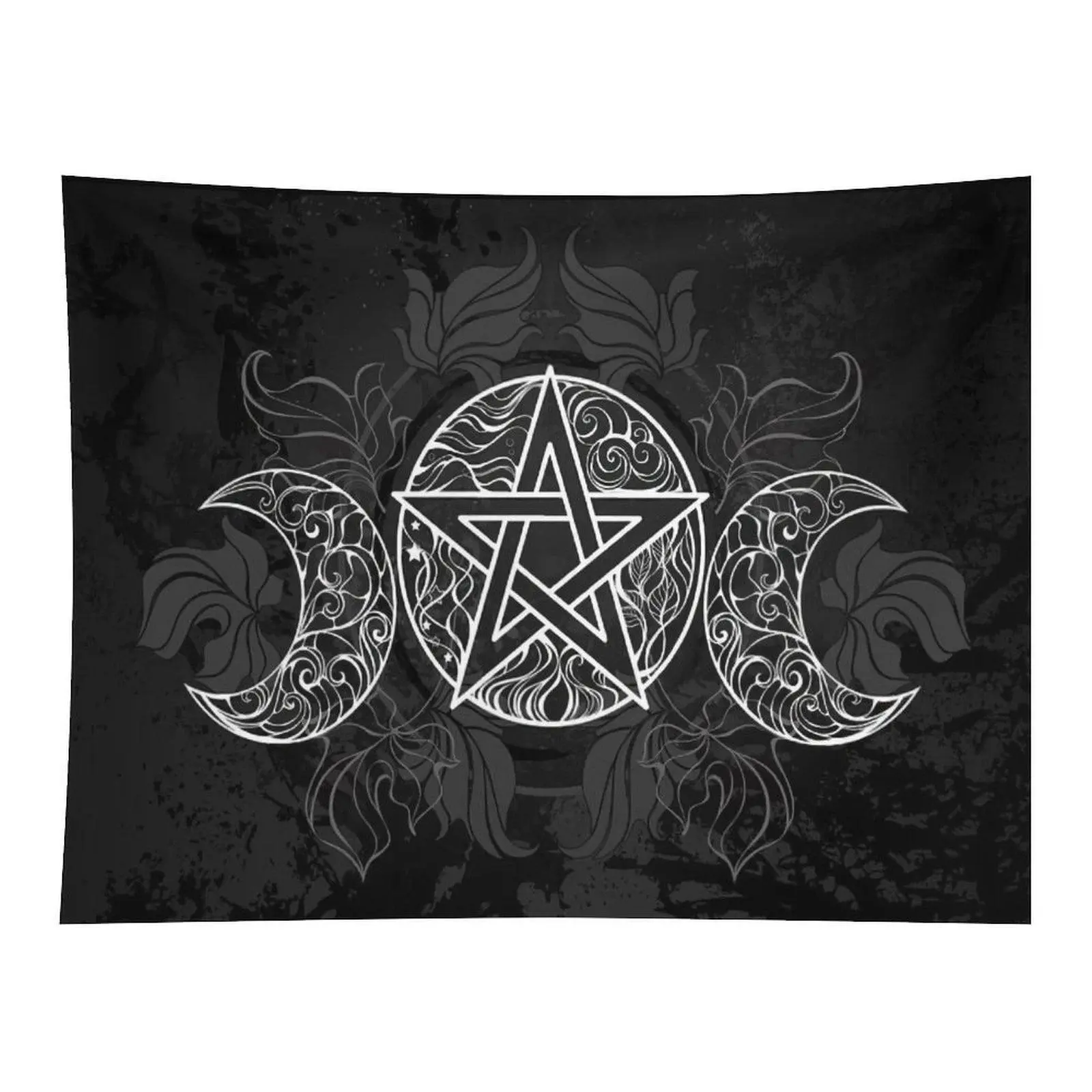 Triple Moon Pentacle Wiccan Symbol Tapestry Black White Witchy Gothic Floral Pattern Vintage Texture Wall Art for Spiritual Room Decor